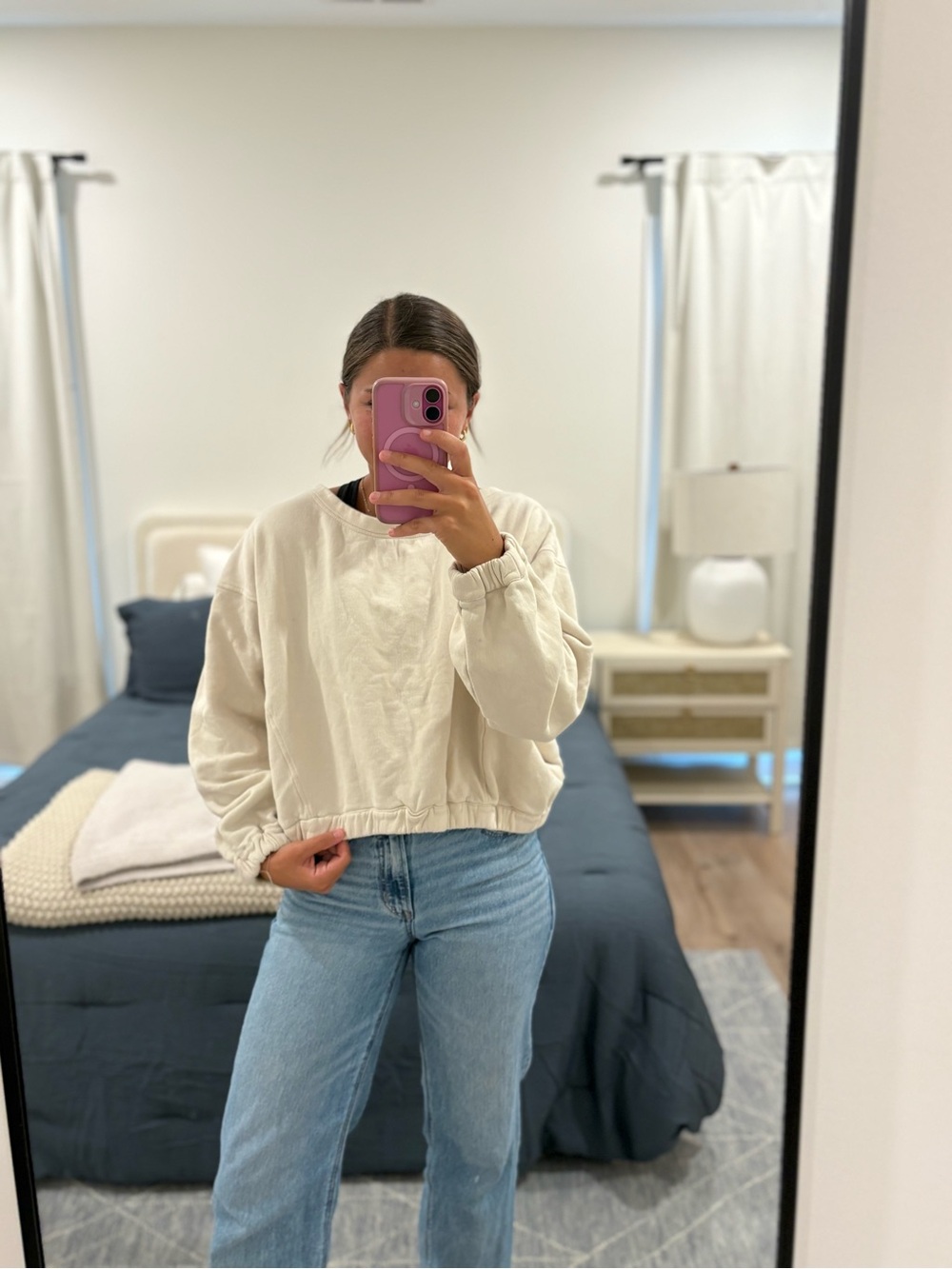 Anthropologie Cream Cropped Elastic-Hem Sweatshirt Size Medium